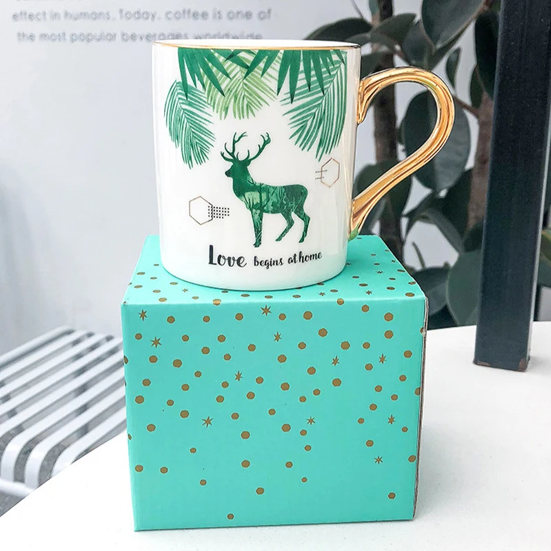 Кофейная кружка с оленем/зелеными листьями растений 1 шт. 400 мл золотой ручкой