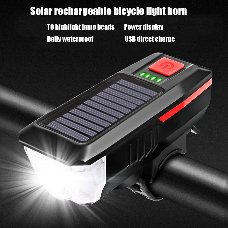 

Solar Powered Bicycle front Light with Horn USB charging night riding mountain bike flashlight battery display bicycle light