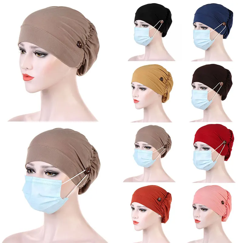 

New Women Turban Head Wrap Hat With Button Headwear Headscarf Bonnet Inner Hijab Cap Muslim Hijab Chemo Hats Turbantes Caps