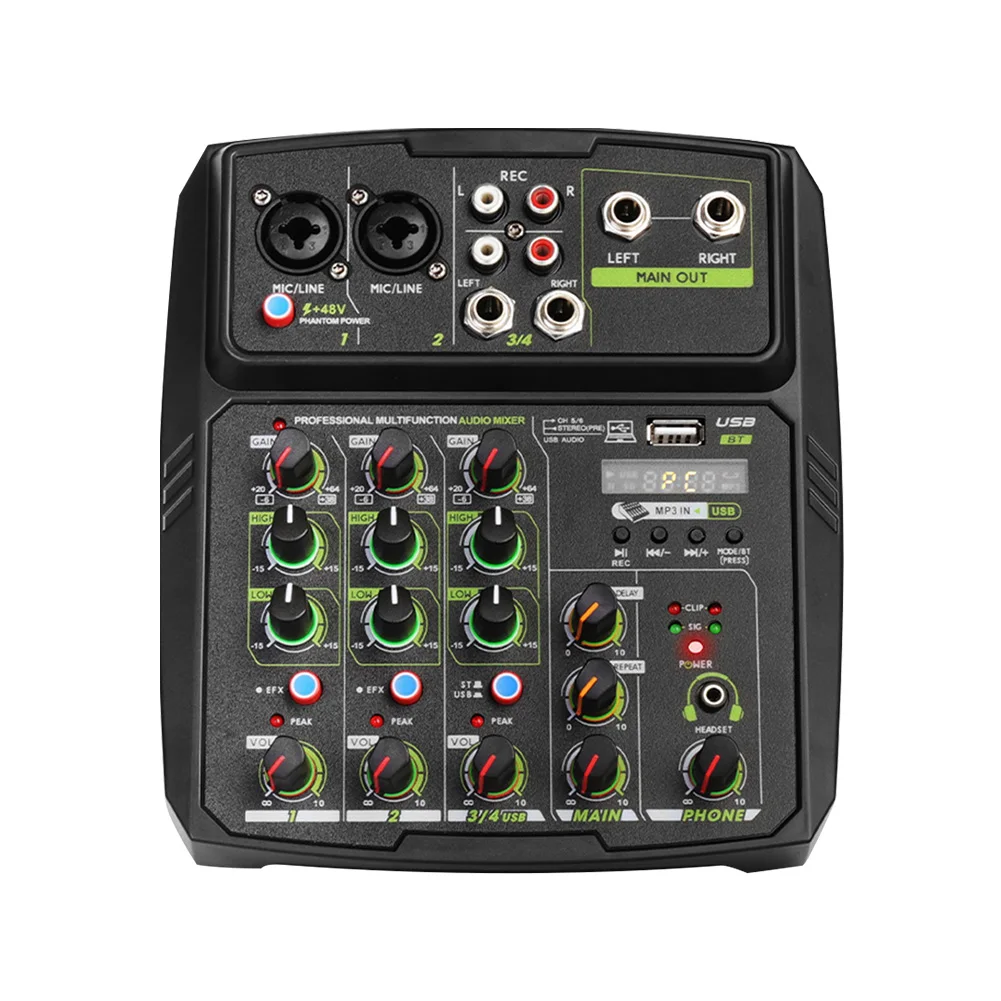 

4 Channels Audio Mixer Professional Studio Equipment Bluetooth Home Music Recording Mixing Console Party USB With Sound Card