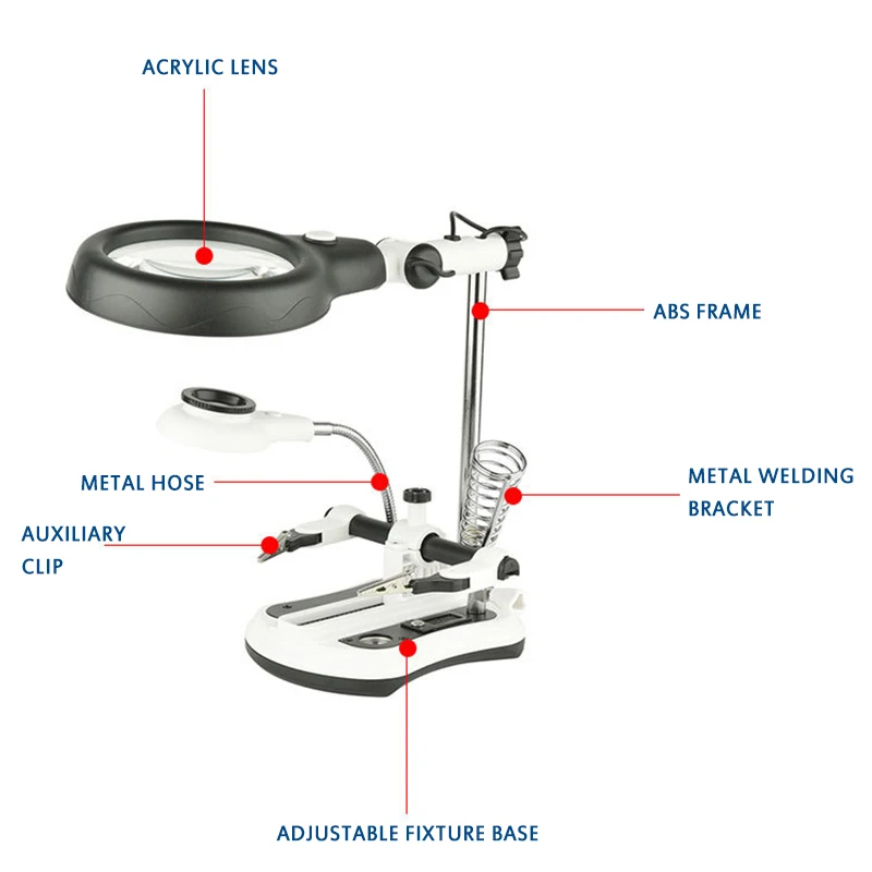 

18pcs LED Soldering Iron Station Stand Welding Magnifying Glass Clip Clamp Third Hand Helping Desktop Magnifier Soldering Repair