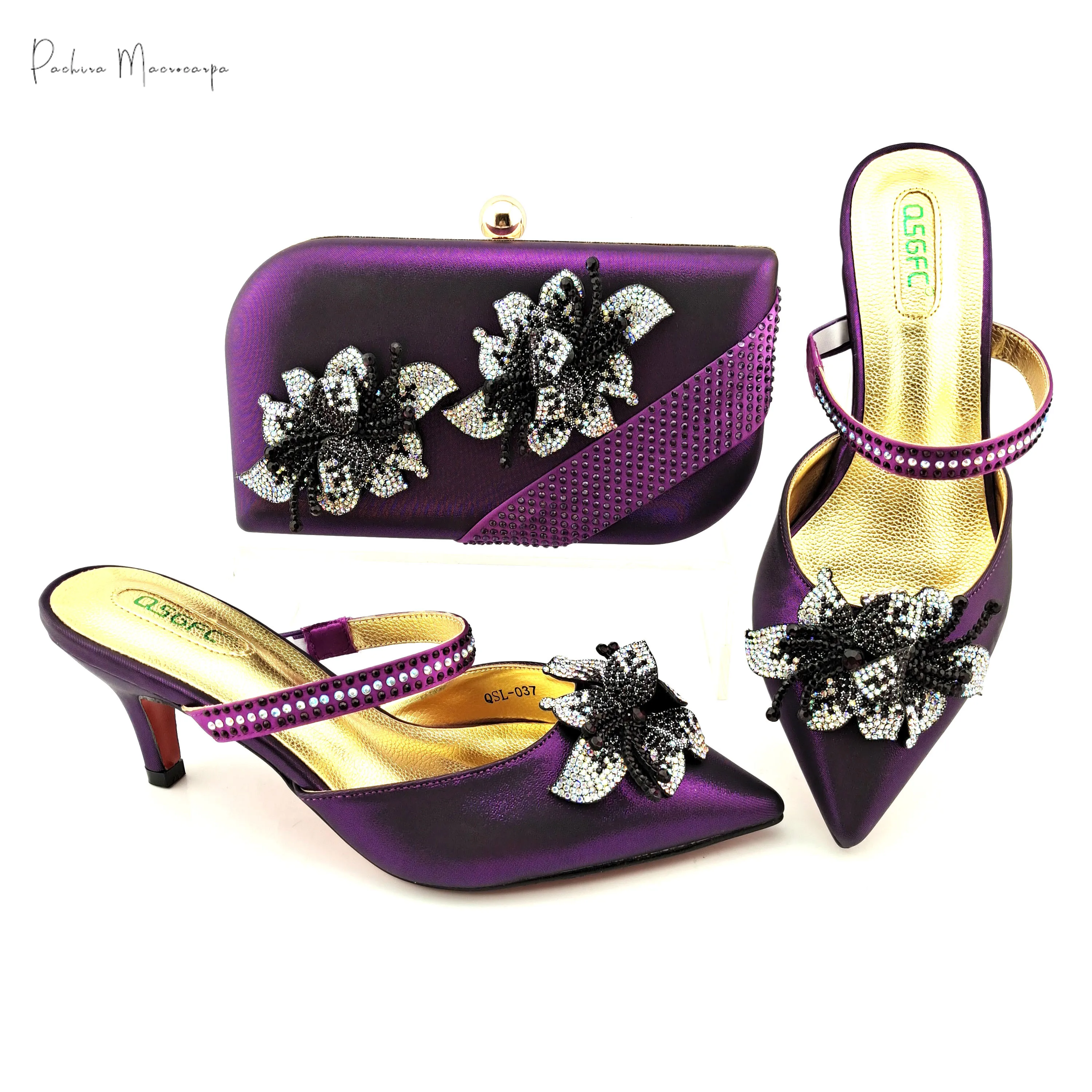 

African Summeri 2021 Italian Design Fashion Special Flower Decoration Style Women Shoes and Bag Set in Purple For Party Wedding