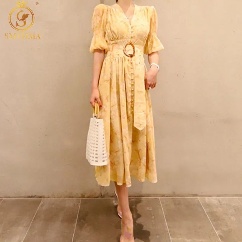 2021 Новое модное летнее женское однобортное элегантное винтажное платье