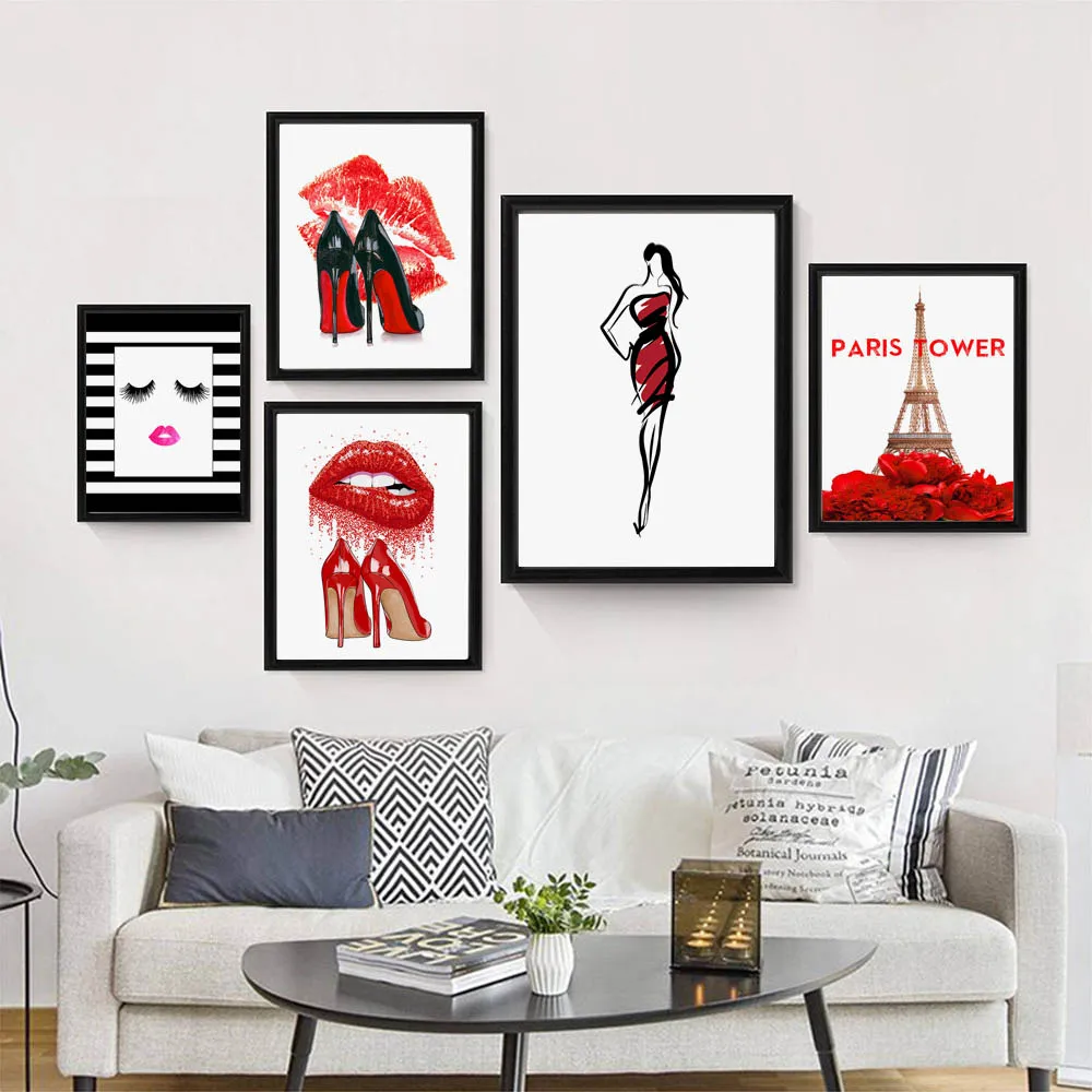 Модный Парижский парфюм красные губы цветок настенная Картина на холсте