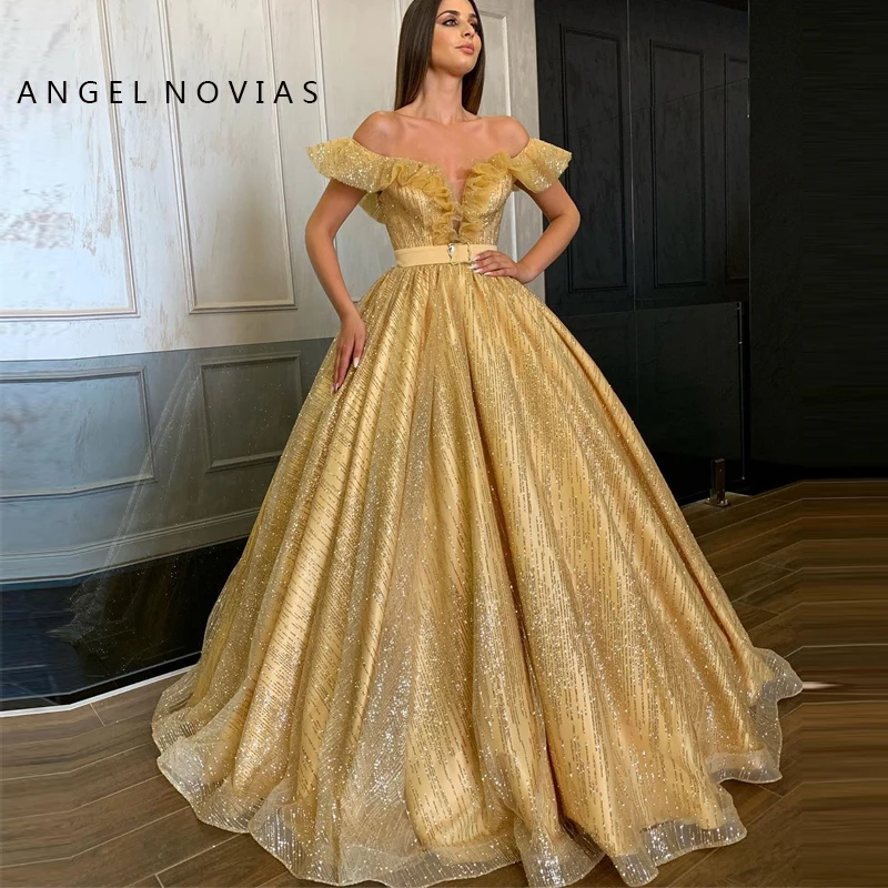 

Long Abendkleider Ball Gown Puffy Gold Arabic Lace Evening Dress 2019 Saudi Arabia Dubai Moroccan Sexy Formal Prom Gowns