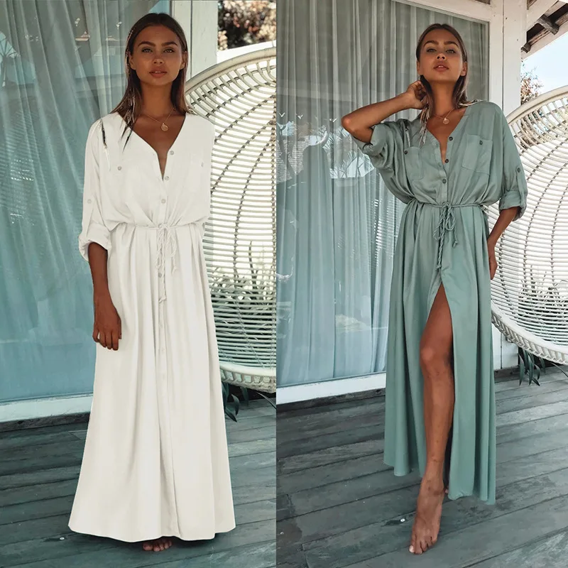 

Long Dress Elegant Women Sexy Cover-ups Summer Beach Office Casual Loose Solid Belt V Neck Single Breasted Slim Plus Vestidos