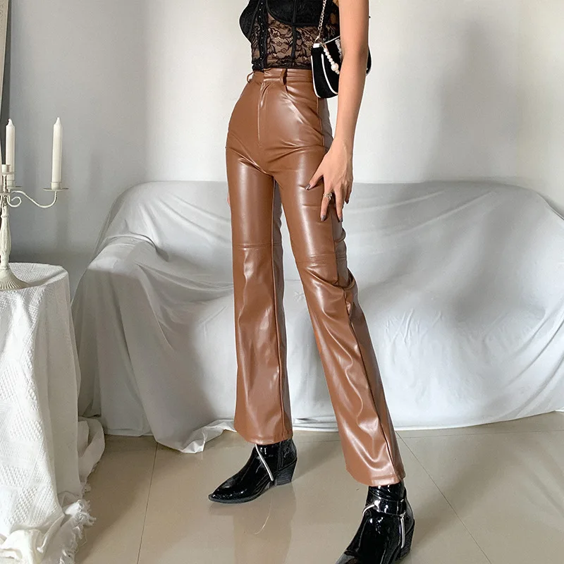 

2021 Women Pu Leather Pants High Waist Slim Vintage Women Pants Casual Sexy Flare Pants Femme Skinny Pants Outwear HH462