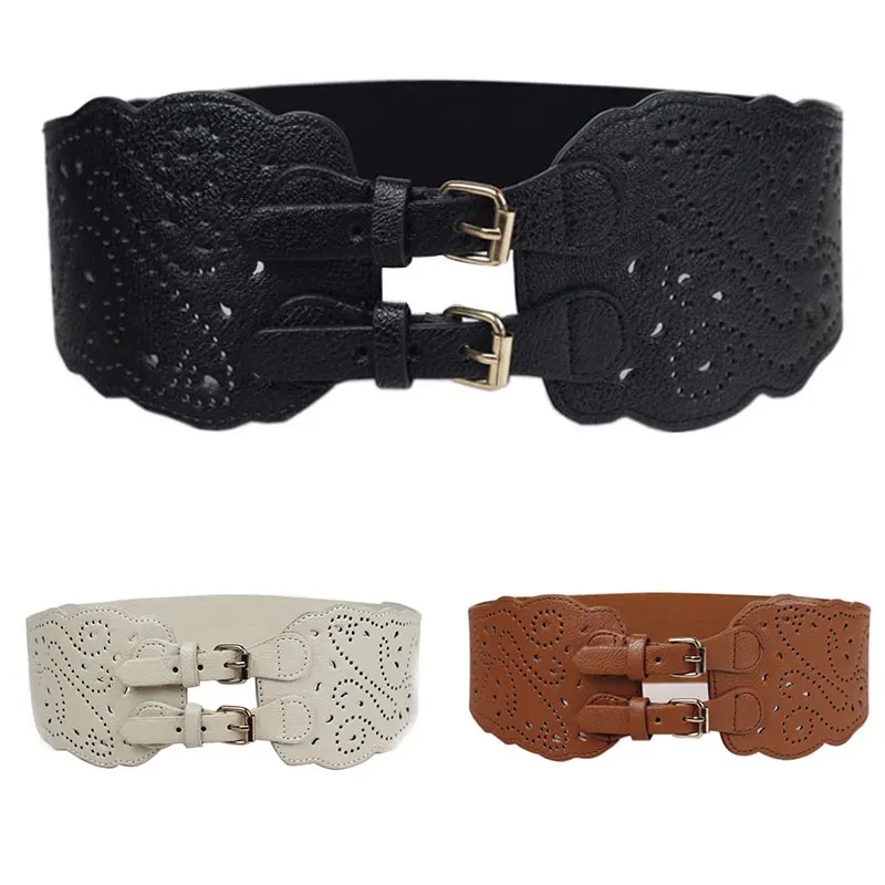 

Fashion Women Double Buckle Elastic Waist Belt Wide Stretch Corset Waistband For Women Dress Stretch Waist Belt Adjustable Belt