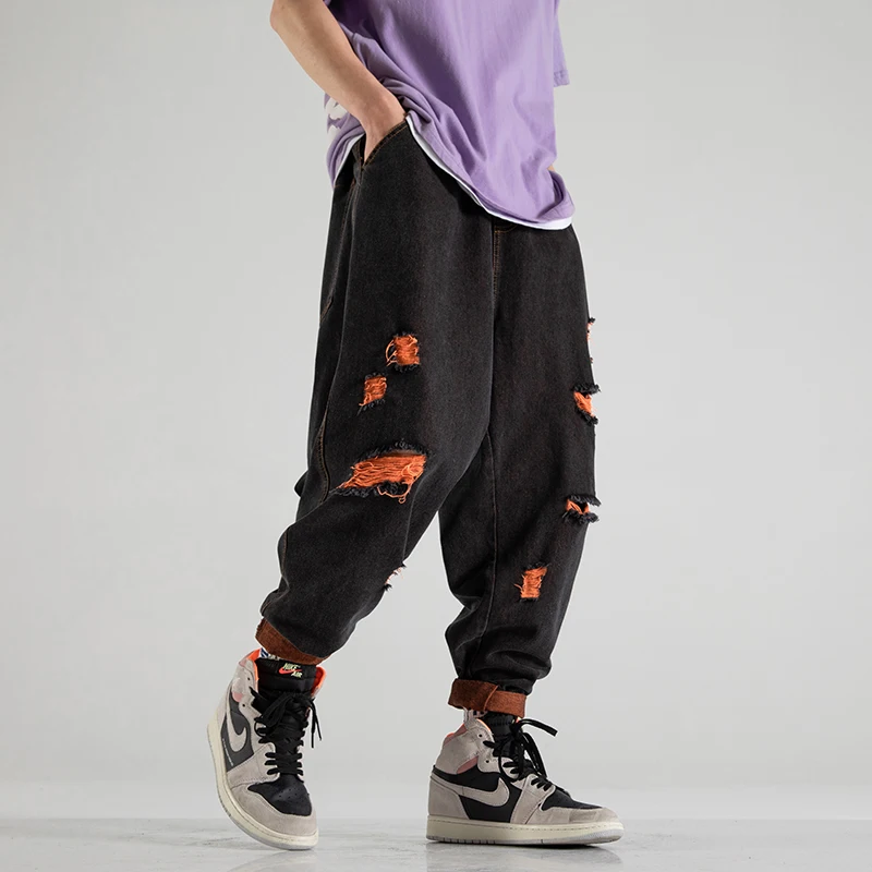 Рваные джинсы для мужчин новый осень шнурок джинсовые штаны уличной моды