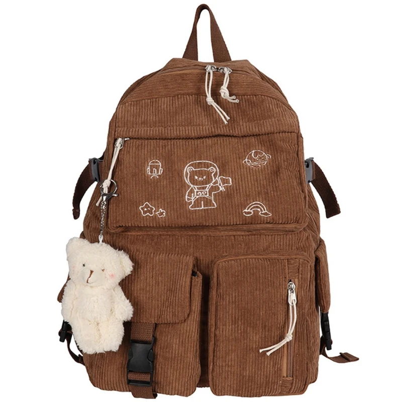 

Cartoon Embroidery Corduroy Backpack Retro Solid Color Casual Daypack M68C