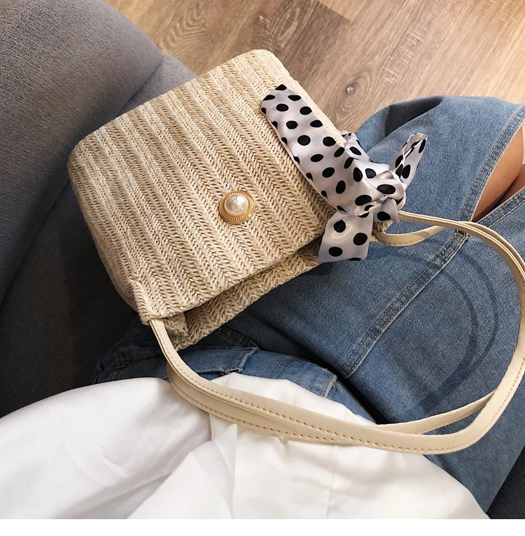 Плетеная соломенная сумка мешок через плечо в горошек| |