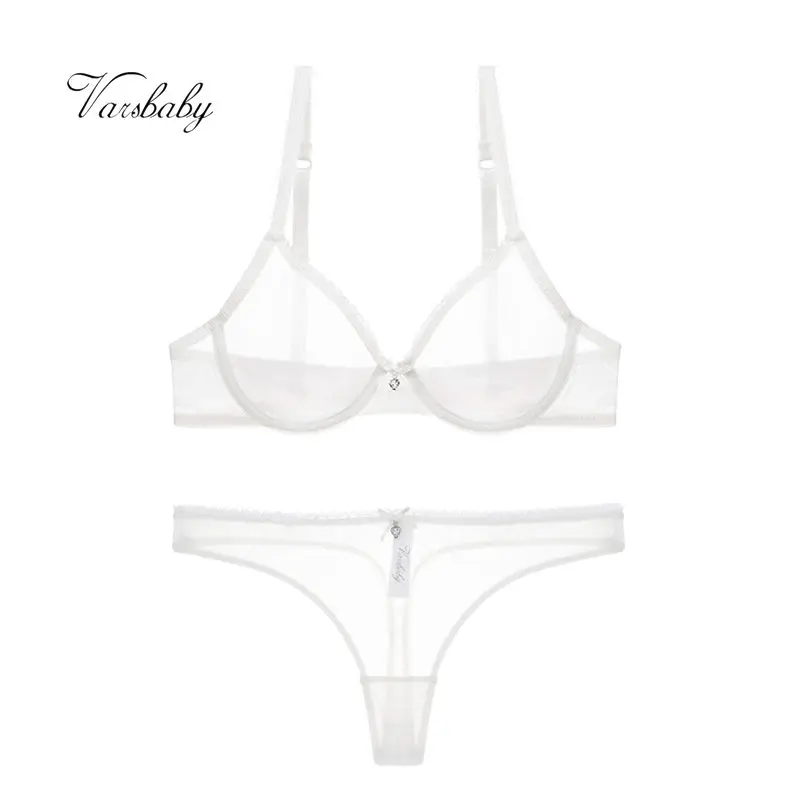 

Varsbaby sexy transparent bow underwear solid 3/4 cup yarn thong comfortable bra set plus size for women