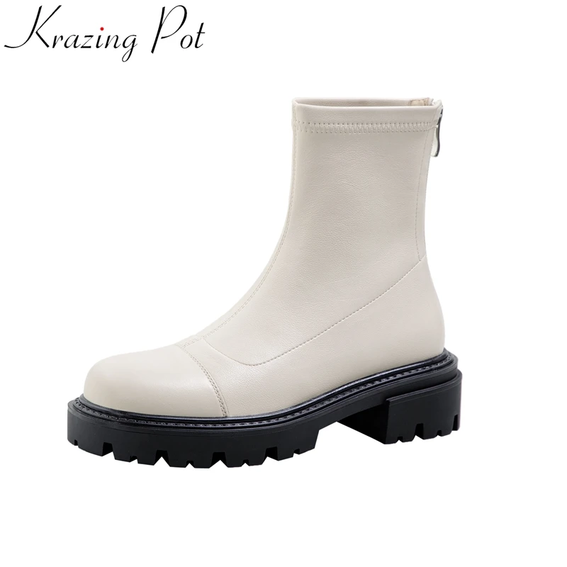 

Krazing Pot brand cow leather round toe winter shoes med heels stretch boots warm slip on elegant concise women ankle boots l70
