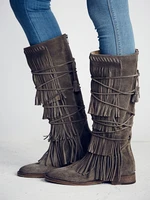 flat tassel ladies boots mid calf zipper up winter women shoes round toe narrow strap cow suede gladiator long boots size 10