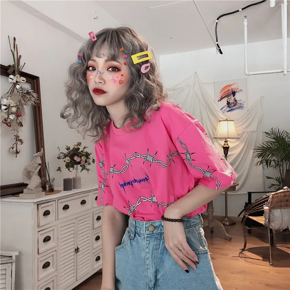 Harajuku футболка Для женщин мода печатных уличная прикольная футболка женская Повседневное с О-образным вырезом летние шорты рукавом Для женщин s Костюмы