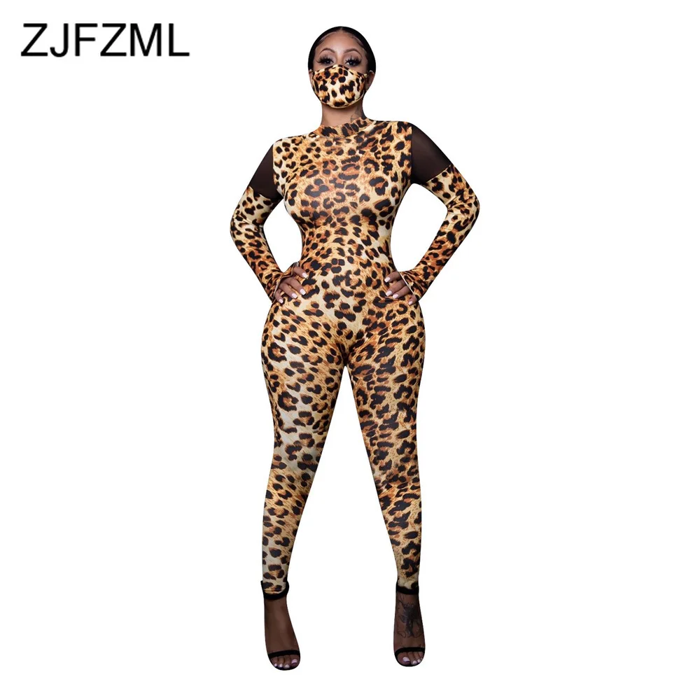 

Cheetah Leopard Printed Rompers Womens Jumpsuit Black Sheer Mesh Spliced Long Sleeve Slim Overall Streetwear One Piece Bodysuit