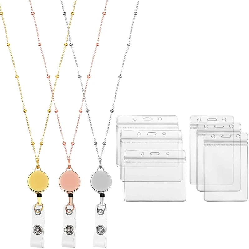 

Retractable Badge Reel Lanyard with ID Holder, 3 Pieces Beaded Badge Lanyard Necklace for Women Men