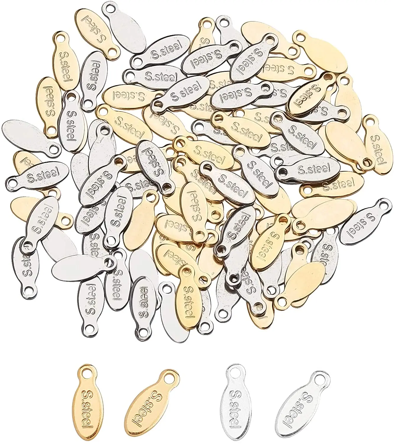 

100PCS 2 Colors Extender Chain Drop 304 Stainless Steel Pendants Oval with Word Steel Charms Golden Stainless Steel Color 10mm