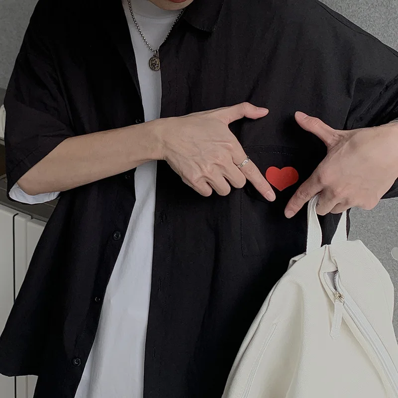 

Men's 2021 summer new short sleeve shirt men's couple Lapel cardigan shirt loose half sleeve inch fashion