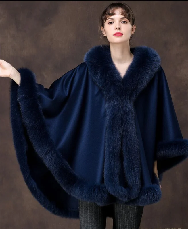 Navy Blue Женская накидка из натурального меха лисы и кашемира для свадебной вечеринки - Цвет: Navy Blue