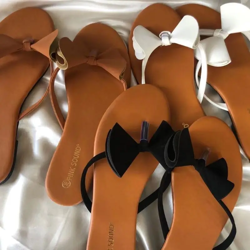 

2021 Women Summer Bow Slippers Casual Slides Narrow Band Comfortable PU Slippers Bow Flip Flops Platform Ladies Indoor Shoes
