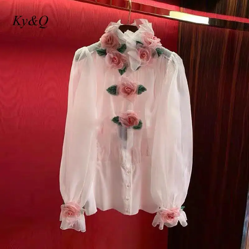 2020 Весенняя Роскошная шифоновая рубашка с высоким воротником и розовыми розами