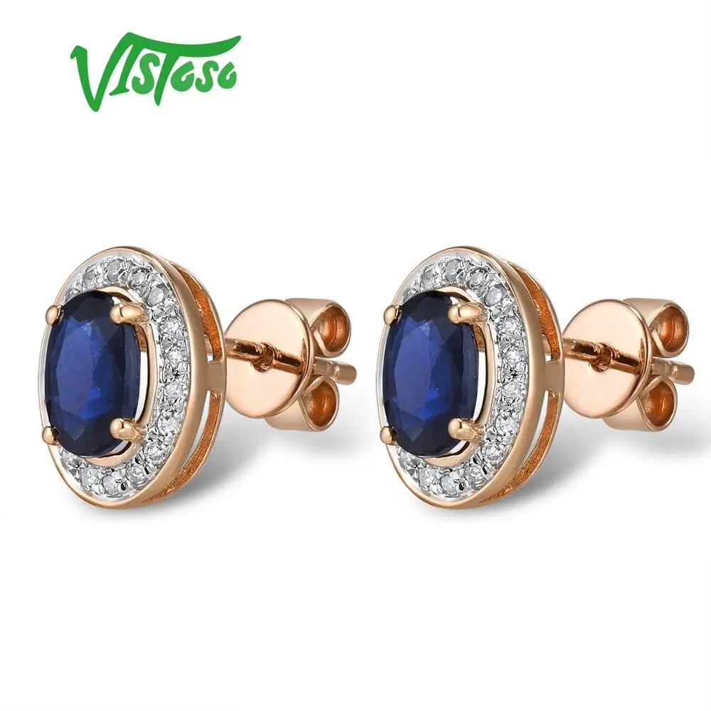 VISTOSO Pure 14K 585 роза/серьги из Белого Золота Шпилька для женщин Элегантный синий сапфир сверкающие бриллианты уникальные модные ювелирные изделия