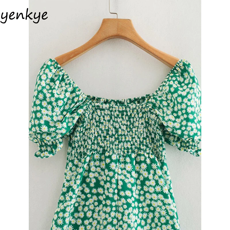 

Daisy Floral Print Dress Women Short Sleeve Square Neck High Waist A-line Elegant Dress Sweet Lady Summer Party Dress Mid robe