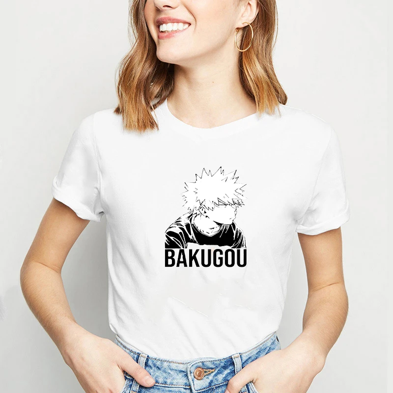 

Футболка с рисунком героев аниме Моя геройская академия, Bakugo Katsuki, Свободный Повседневный женский белый топ с коротким рукавом
