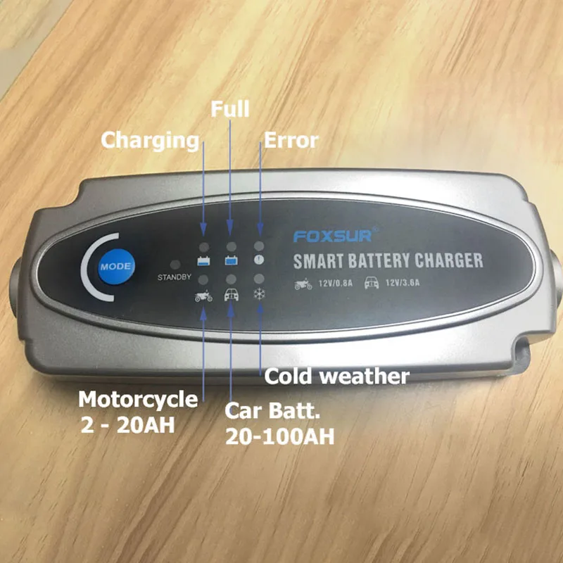 

FOXSUR 12V 0.8A/3.6A Smart Battery Charger Current Lead Acid Battery Charger for Car Motorcycle EU Plug