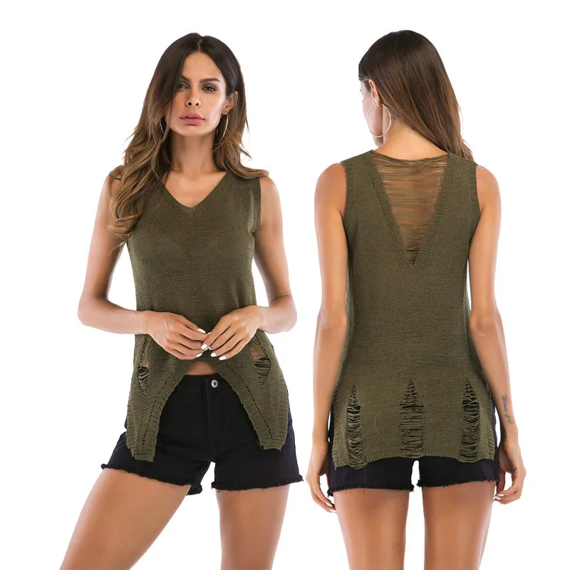 Женский трикотажный хлопковый жилет без рукавов с v образным вырезом