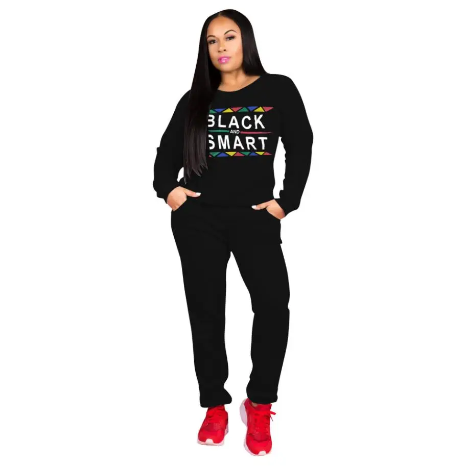 Новый осенний черный умный Женский комплект с принтом толстовки и штаны костюм