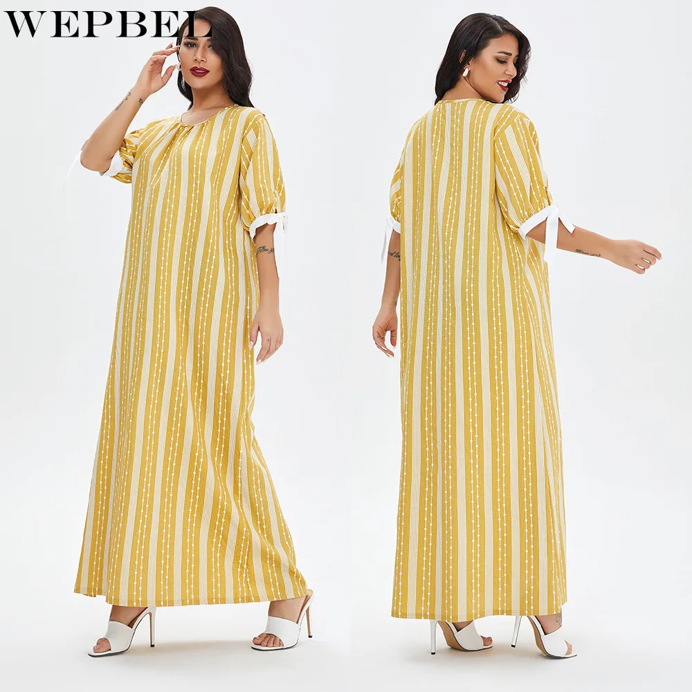 

WEPBEL Muslim Robe Women's Casual Striped Loose Lace-up Dress Summer Fashion Short Sleeve O-Neck Pleated Robe