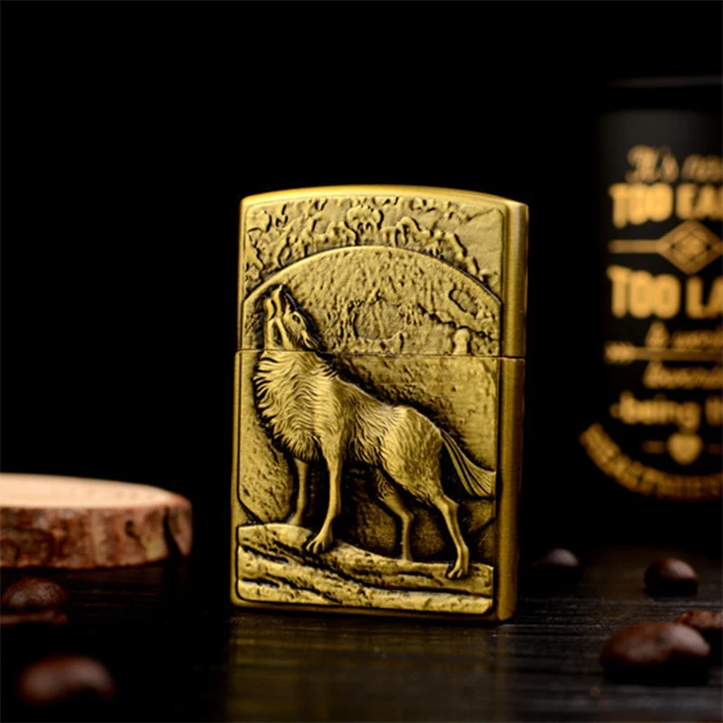 Винтажная рельефная Зажигалка на реактивных колесах Wild Wolf& Moon портативная сигаретная дымовая надувная Классическая Бутановая газовая зажигалка