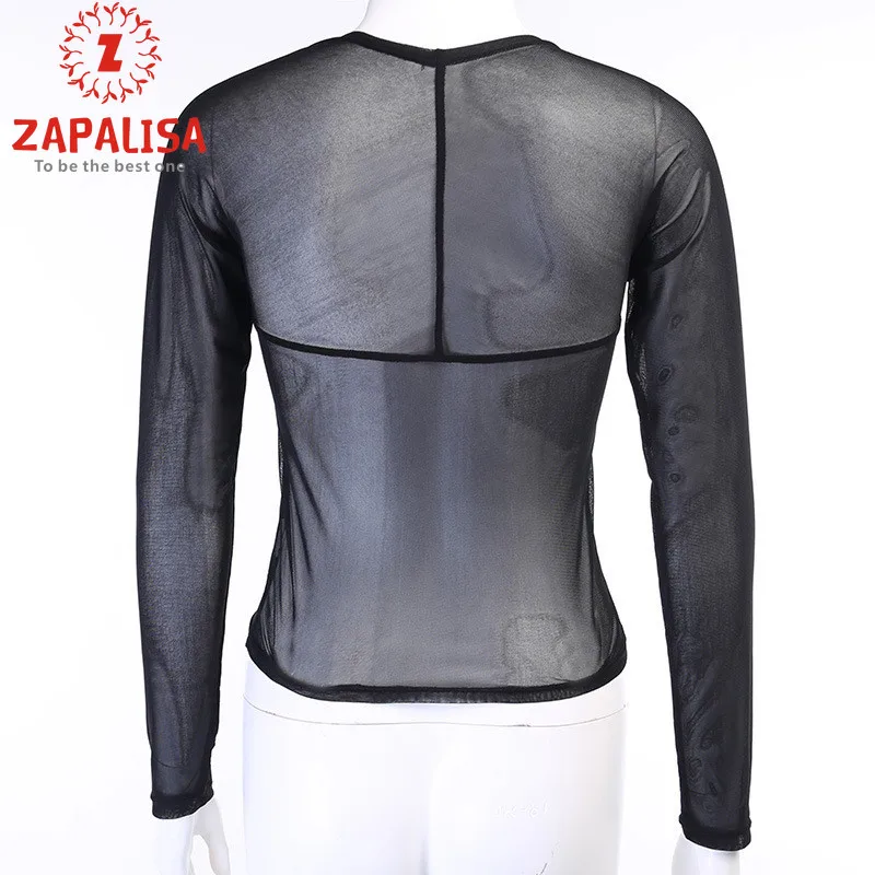 

Sexy Women Spring Autumn Long Sleeve T-Shirts Mesh Patchwork Design Lace Decor See Through Square Collar Solid Color Slim Top