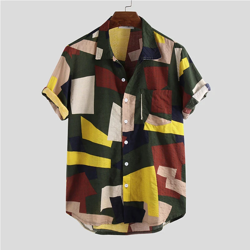 

Men Summer Clothes Short Sleeve Shirt Printed Casual Shirts Beach Tops Business Casual Lapel Shirt Cotton Turn-down Collar Tees