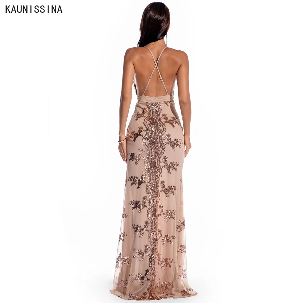 

KAUNISSINA Sexy Cocktail Dress Sequined Party Gown V-Neck Spaghetti Strap Backless High Slit Long Homecoming Vestidos Robes