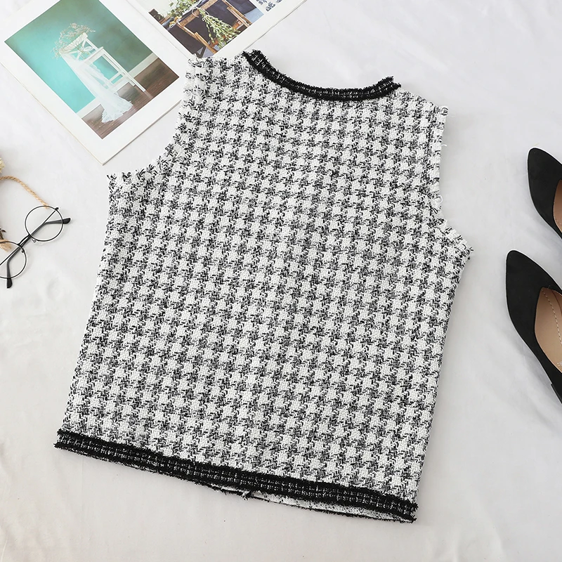 Женский твидовый жилет MUMUZI клетчатый в стиле ретро с карманами без рукавов