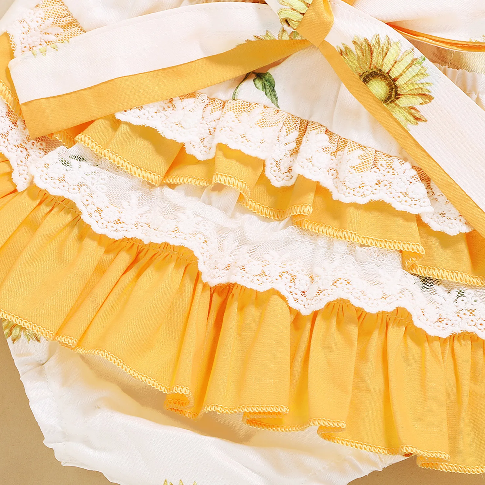 

Summer Sleeveless Bodysuit Baby Girls Ruffle Sunflower Printed Romper Headband Sets Square Collar Infant 0-24Months Clothes Set