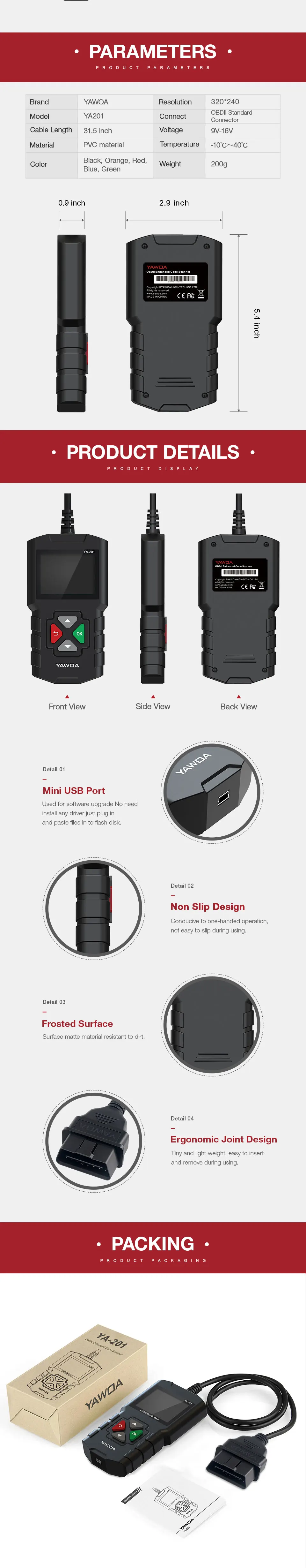 Ediag YA201 Code Reader OBDII/EOBD YA-201 Auto Diagnostic Tool Data stream save/playback OBD2 Scanner Free Update AL319