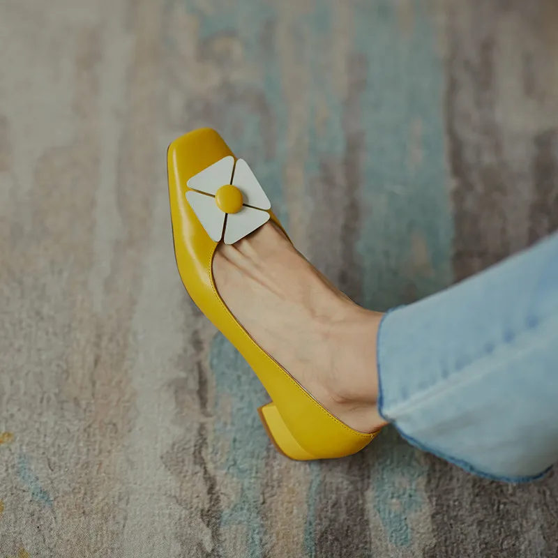 

Sweet Fashion Genuine Leather Handmade Shoes For Women Summer Autumn Thick High Heels Pumps Wedding Party Shoes Woman