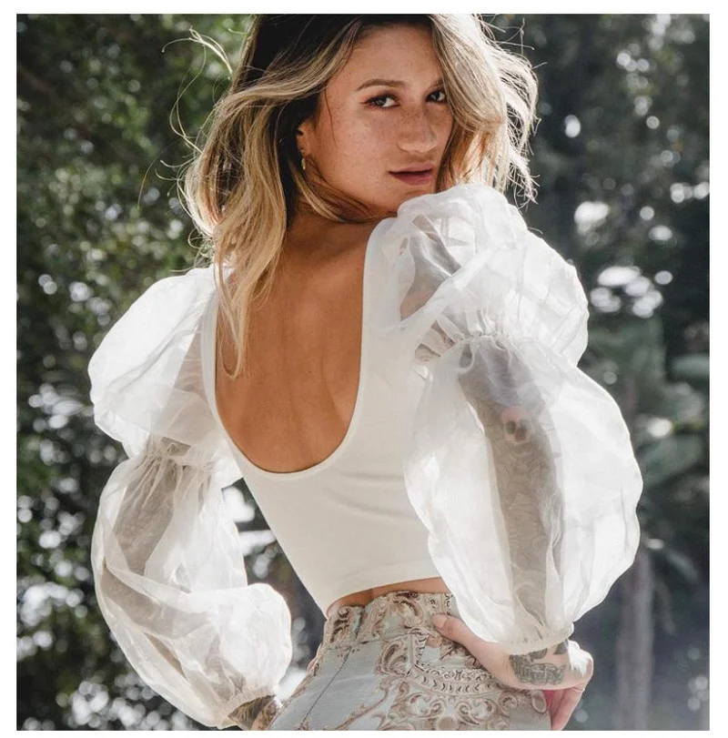 

Women's Puff Sleeve Cropped Top T-Shirt Party Ladies Square Neck Sexy Mesh Stitching Long Sleeve Vest Short Top Ladies Clothing
