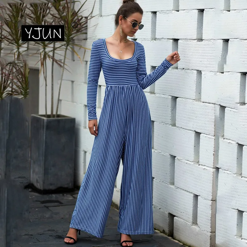 Женский комбинезон в полоску с принтом сексуальный осенний костюм длинным