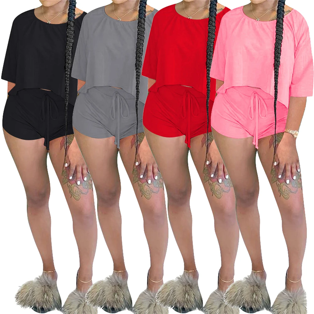 

Qm4245 European American women's bat sleeve cotton breathable and sweat absorbing sports suit two-piece set available from stock