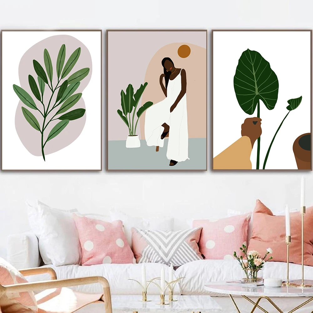 

Abstract Boho Black Woman Sun Leaf Nordic Posters And Prints Girl Wall Pictures Wall Art Canvas Painting For Living Room Decor