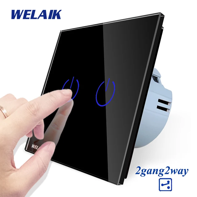 Welaik Кристалл Стекло Панель переключатель Белый настенный выключатель ЕС сенсорный выключатель Экран настенный выключатель света 2gang2way AC110~ 250 В a1922cw/b - Цвет: Black Power