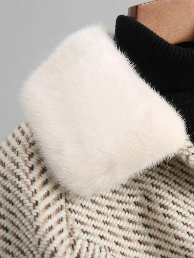 Женское твидовое пальто с подкладкой из меха ягненка теплое шерстяное