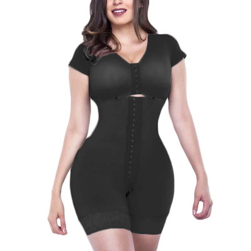 

Adjustable Hook Eye Front Closure Fajas Colombianas Short Sleeve Women Shapewear With Bra