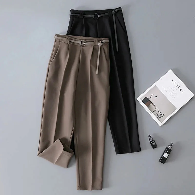 

Прямые повседневные Костюмные брюки, женские свободные черные брюки с высокой талией в Корейском стиле, новинка весны и осени 2021