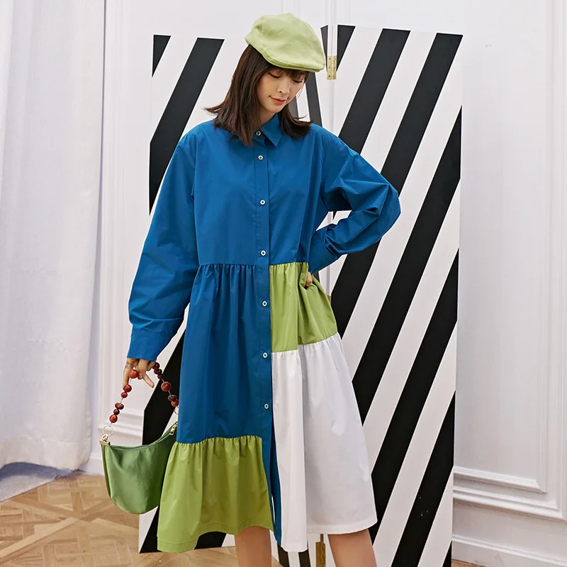LANMREM может отправить популярный цвет пэчворк рубашка Стиль платья для женщин